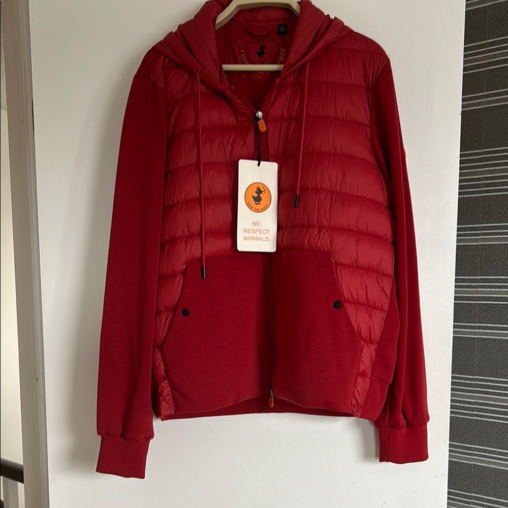SAVE THE DUCK Red Puffer Jacket with Hood and Ribbed Cuffs